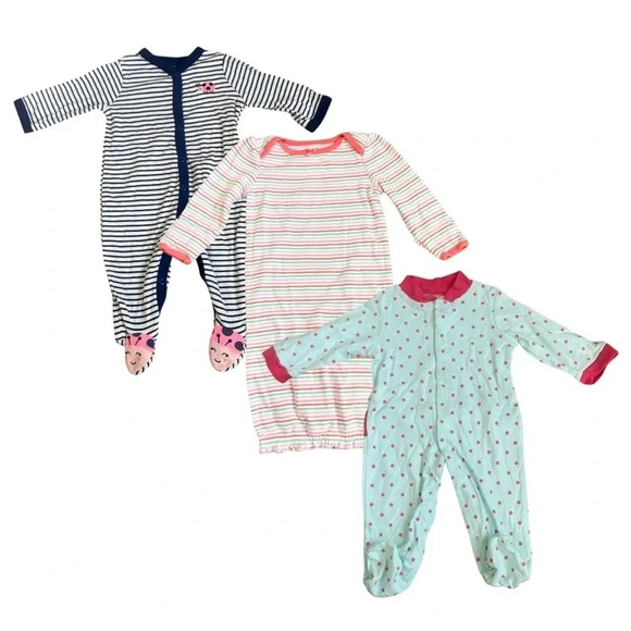 Set of 3 Footsie Pajamas for 0-3M - Lasy Bug - Stripes - Polka Dots - Cotton - Picture 1 of 13